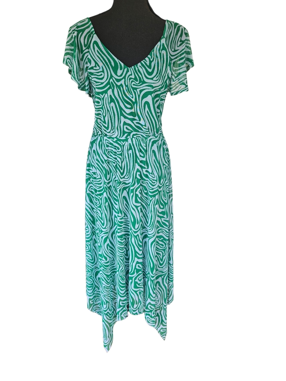 Harlow & Rose Emerald Green Handkerchief Hem Midi Dress Abstract Print Size S